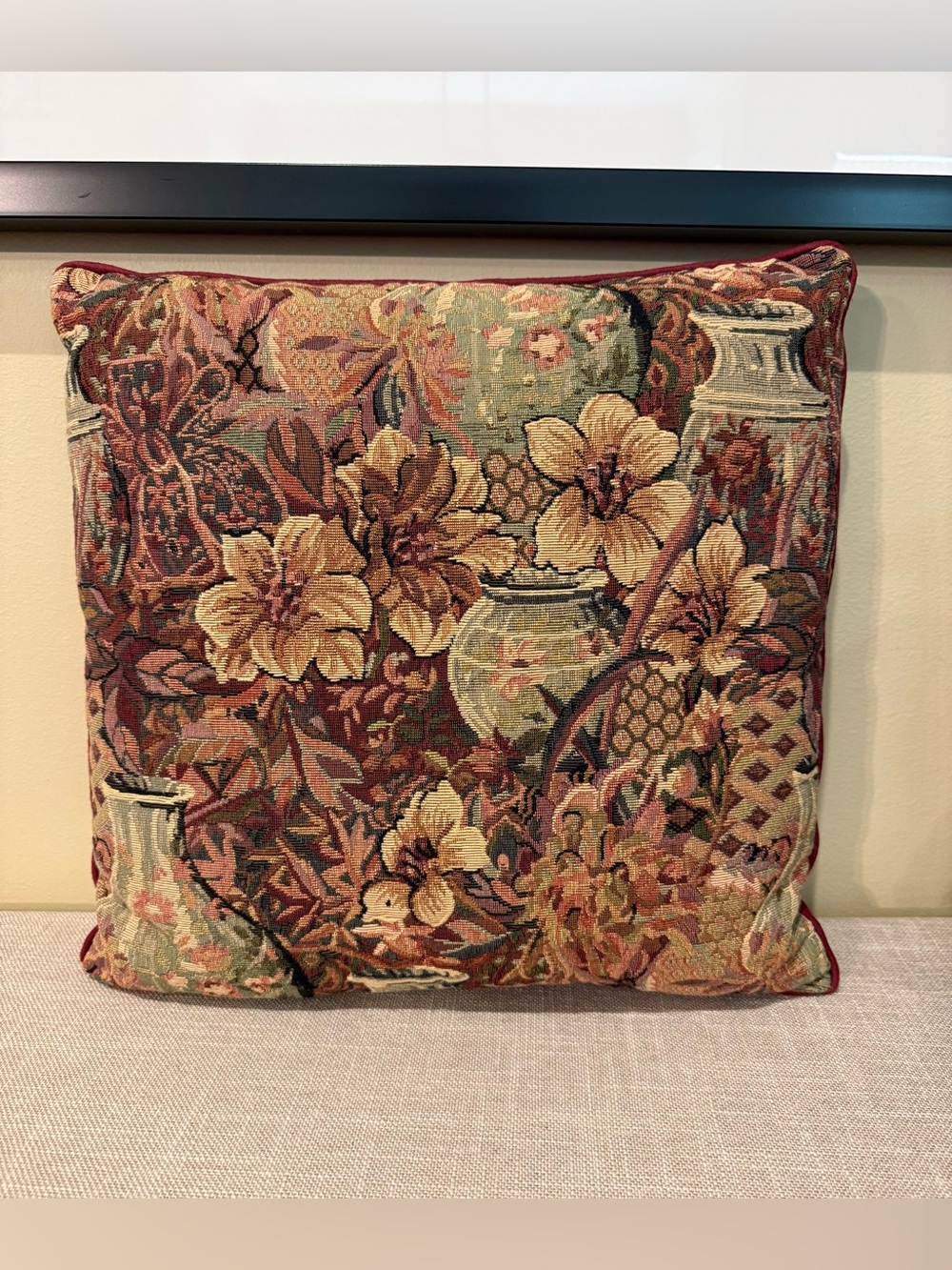 Vintage Tapestry Floral Throw Pillow Burgundy 16x16